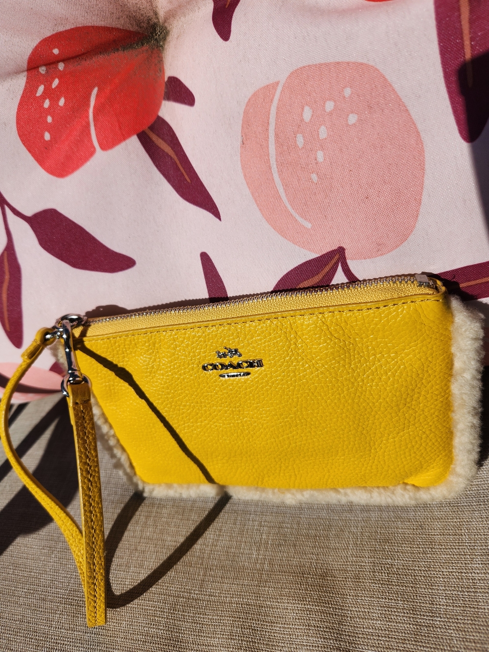 Coach Yellow Leather Shearling Trimmed Wristlet Clutch NWOT - Picture 7 of 12